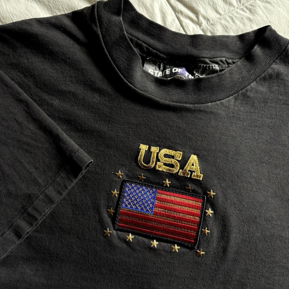 Vtg 90s Single Stitch T Shirt Patriotic USA Black Gold American Flag One Size